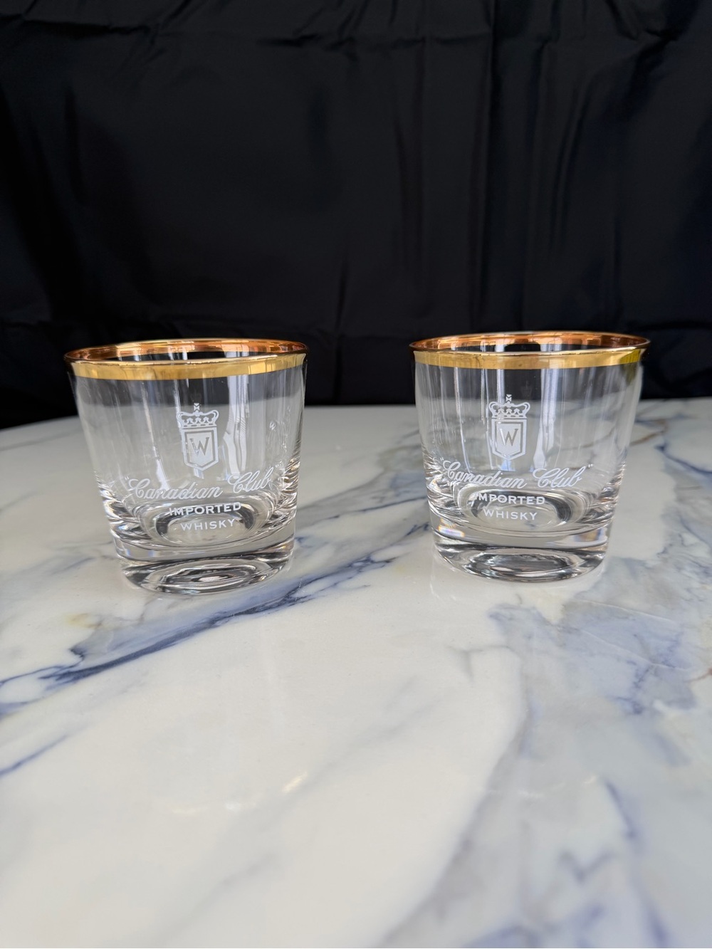 Vintage Canadian Club Gold Rimmed Whiskey Lowball Glasses - Set of 2